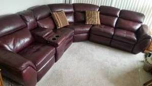 lot 4 image: Brown Leather Sectional with Push Button Recliners  Zero Clearance