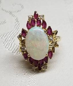 lot 13 image: 14K Yellow Gold Opal, Diamonds and Spinels Cocktail Ring  Size 6.5