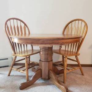lot 83 image: Oak Farmhouse Table with Four Windsor Chairs