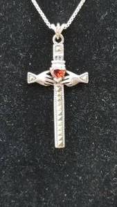 lot 53 image: Sterling Silver Irish Claddagh Crucifix Cross Pendant with Garnet Gemstone Heart