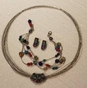 lot 49 image: Sterling and Polished Stone Earrings, Necklace and Bracelet