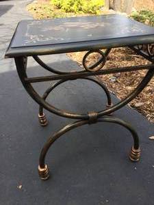 lot 121 image: Ornate Metal Accent Table With Hand Painted Wooden Top