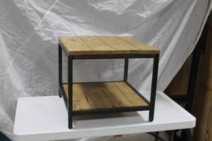 lot 459 image: Metal Carriage Side Table with Wood Board Top and Shelf 22Lx22Wx19H