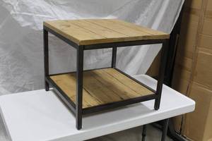 lot 559 image: Metal Carriage Side Table with Wood Board Top and Shelf 22Lx22Wx19H