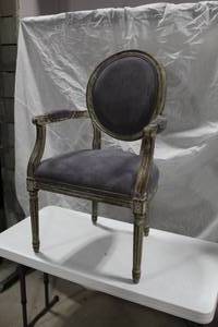 lot 655 image: Wood Formal Dining Arm Chair with Pad Purple 23Wx20Dx40H