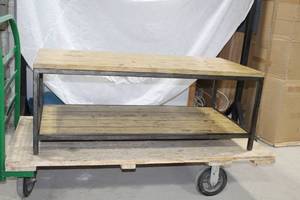 lot 560 image: Metal Carriage Coffee Table with Wood Board Top and Shelf 50Lx24Wx19H