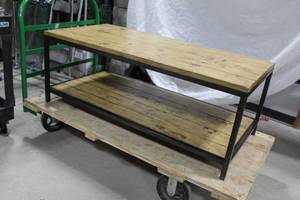 lot 461 image: Metal Carriage Coffee Table with Wood Board Top and Shelf 50Lx24Wx19H