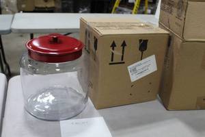 lot 532 image: Lot of (2) Anchor Hocking Glass Montana Jar with Red Lid 1-12 Gallon 9Dx 9-12H (in 2 boxes)