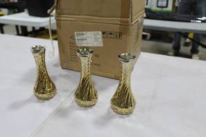 lot 649 image: Lot of (3) LWI Glass Table Vase Gold 2Dx6H (in box)