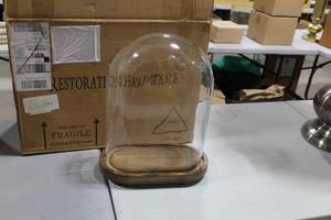 lot 707 image: Restoration Hardware Glass Cloche Oval Clear 13Lx8Wx17H  with Wood Base (in box)