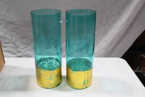 lot 795 image: Lot of (6) Accent Dcor Glass Candleholder BlueGold 3Dx 4-14H (in box)