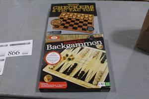lot 867 image: Lot of (2) Wood Board Games (in box) - Wood Checkers & Tic Tac Toe,  Wood Backgammon
