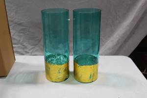 lot 799 image: Lot of (6) Accent Dcor Glass Candleholder BlueGold 3Dx 4-14H (in box)