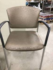 lot 10 image: WOW MSRP $740 Each 2 High Quality Source International STAXX CONVEX Fully Upholstered Stacking  Guest Side Arm Chairs With Abstrance Current Metallic Brown Silver Contemporary Pattern & Chrome Legs - Excellent Condition 