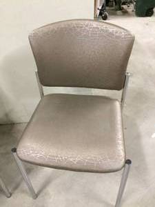 lot 8 image: WOW MSRP $680 Each 2 High Quality Source International STAXX CONVEX Fully Upholstered Stacking Armless Guest Side Chairs - Abstrance Current Metallic Brown Silver Contemporary Pattern & Chrome Legs - Excellent Condition See PDF-PricingInformation