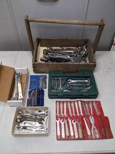 lot 22 image: Primitive Tool Box & Numerous Wrenches