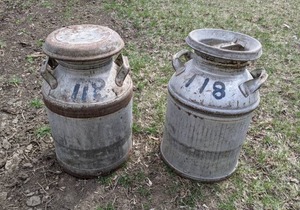 lot 118 image: Pair of Vintage Metal Milk Cans with Lids