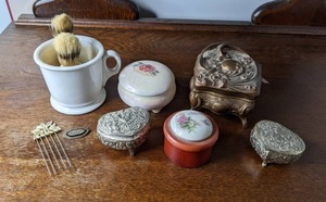 lot 165 image: Vintage Trinket Boxes, Hair Clip, Brooch and Shaving Brushes