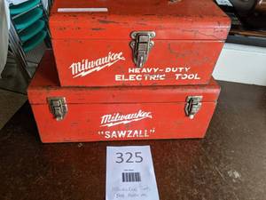 lot 325 image: Vintage Milwaukee Tool Boxes w Hardware & Power Tools