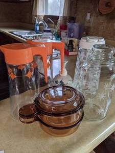 lot 147 image: Vintage TANG Pitcher, Soap Dispenser, Glass Storage, etc.