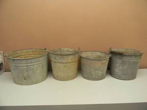 lot 14 image: 4 LARGE VINTAGE GALVANIZED METAL BUCKETS - FARM FRESH - NICE SET - SEE PICTURES