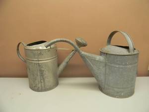 lot 15 image: 2 VINTAGE GALVANIZED METAL WATER CANS - FARM FRESH - NICE SET - SEE PICTURES