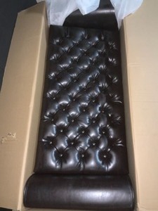 NOBLE HOUSE KEIKO TUFTED BROWN LEATHER ARMED STORAGE BENCH. SEE PICTURES