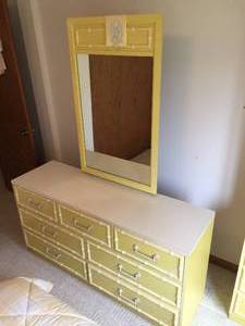 lot 257 image: Vintage Fun Yellow Wooden Seven Drawer Dresser With Mirror