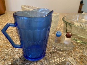 lot 200 image: Lot of Clear Glassware and Blue Pitcher