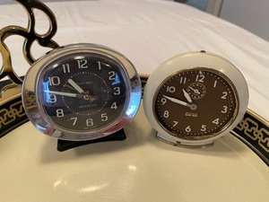 lot 206 image: Vintage Office Lot- Brass Bookends, 2 Westclox Clocks & Tin Tray