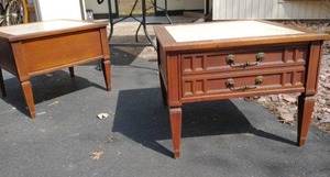 Pair of Square End Tables with Stone Inlay