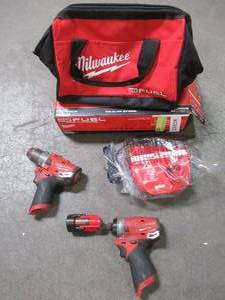 lot 22 image: Milwaukee M12 FUEL 12-Volt Lithium-Ion Brushless Cordless Hammer Drill and Impact Driver Combo Kit (2-Tool) WOne Battery, Charger & Tool Bag 2598-22. USED.