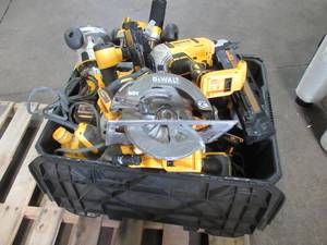 lot 50 image: WHOLESALE MIXED BIN OF MICELLANOUS DEWALT TOOLS - SAWS, DRILLS, NAILERS, ROUTERS AND MORE