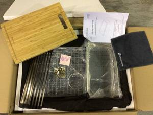 lot 13 image: All-in-One Undermount Stainless Steel 27 in. Single Bowl Kitchen Workstation Sink with Accessories Kit by Glacier Bay Customer Returns See Pictures 