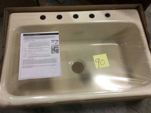 lot 90 image: Rockland Dual Mount Composite Granite 33 in. 5-Hole Single Bowl Kitchen Sink in Soft White Customer Returns See Pictures 