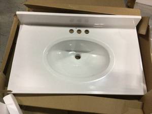 lot 18 image: 31 in. W x 19 in. D Cultured Marble Vanity Top in Solid White with Solid White Basin with 4 in. Faucet Spread by Design House Customer Returns See Pictures
