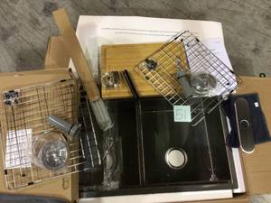 lot 51 image: All-in-One Undermount Stainless Steel 33 in. 5050 Double Bowl Workstation Kitchen Sink with Faucet and Accessories Customer Returns See Pictures