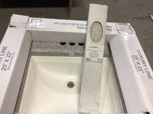 lot 62 image: 25 in. W Cultured Marble Vanity Top in Moonscape Grey with Solid White Basin and 4 in. Faucet Spread Customer Returns See Pictures