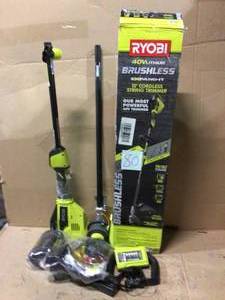 lot 80 image: 40-Volt Lithium-Ion Brushless Electric Cordless Attachment Capable String Trimmer 4.0 Ah Battery and Charger Included by RYOBI Customer Returns See Pictures