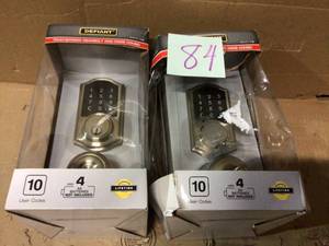 lot 84 image: Castle Satin Nickel Electronic Touchpad Single Cylinder Deadbolt with Hartford Passage Knob Combo Pack by Defiant Customer Returns See Pictures