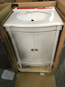 lot 110 image: Home Decorators Parkcrest 24 in. W x 22 in. D Vanity in Dove Grey with Marble Vanity Top in White with White Sink not used see pictures