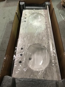lot 112 image: Home DEcorators 61 in. W x 22 in. D Stone Effects Double Sink Vanity Top in Winter Mist with White Sinks - top only see pictures not used