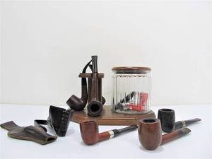 lot 58 image: Estate Lot of Vintage Smoking Pipes wRack & Tobacco Jar