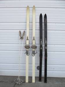 lot 69 image: 2 Pair of Vintage Wooden Snow Skis - Including US Military wPoles