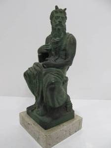 lot 87 image: Vintage Cast Metal Figural Sculpture on Marble Base - Moses by Michelangelo