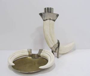 lot 126 image: Vintage Faux Ivory Tusk Candle Stand & Trinket Dish
