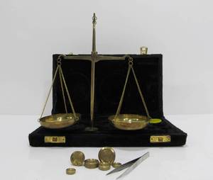 lot 144 image: Portable Vintage Brass Travel Scale wCase & Weights