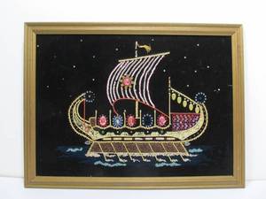 lot 214 image: Mid Century Framed Jeweled Viking Ship Artwork