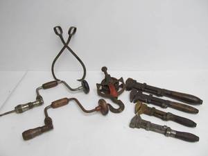 lot 195 image: Lot of Antique Tools - Pipe Wrenches Hand Drills etc