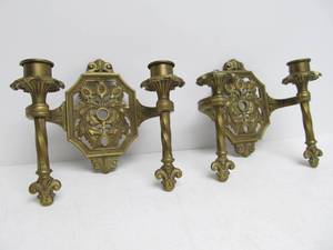 lot 225 image: Excellent Pair of Signed Antique Brass Candle Wall Sconces - H&ampB